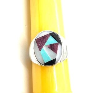Sterling Southwestern Inlaid Zuni Ring Sz 12.5
